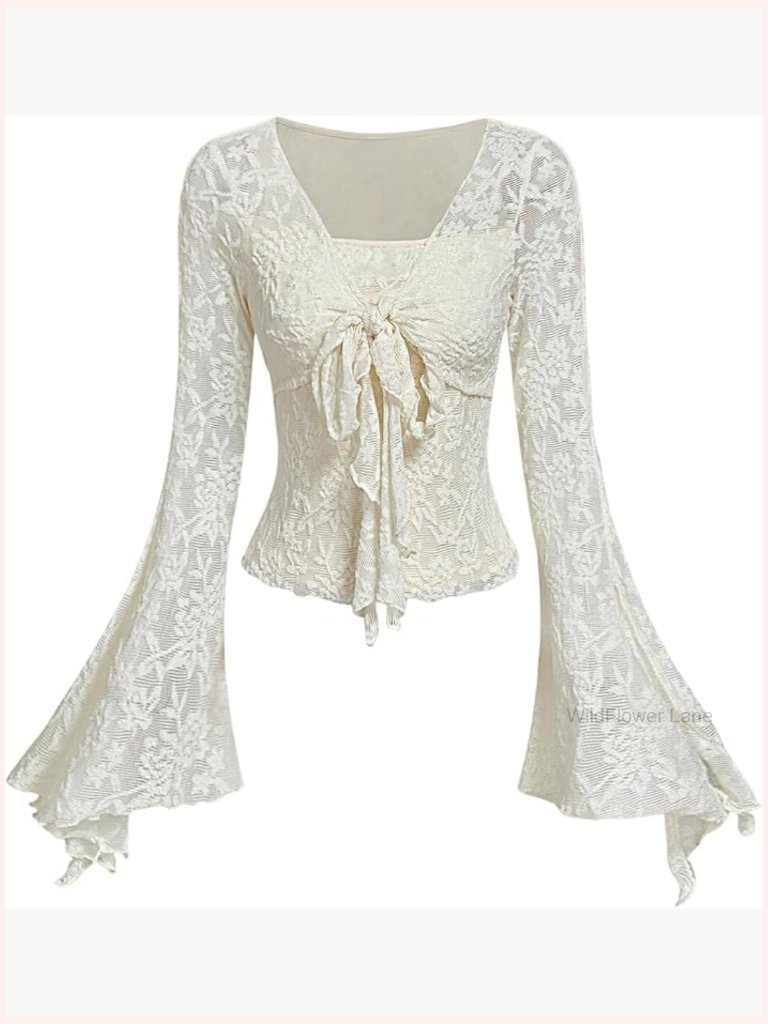 Y2k Floral Bell Sleeve Mesh Top Long Sleeve Going Out Blouse 2000s